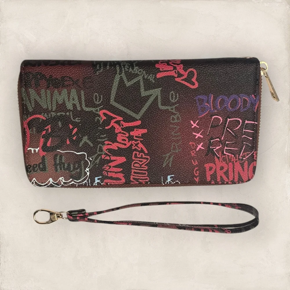 Graffiti Print Zip Around Wallet‎ Wristlet Vegan Leather NEW